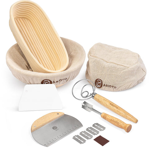Bread Making Kit Includes 10" Round & 11" Oval Rattan Proofing Baskets, Bread Lame, Bowl Scraper, Dough Scraper, Danish Whisk and Linen Liner - Perfect Sourdough Kit